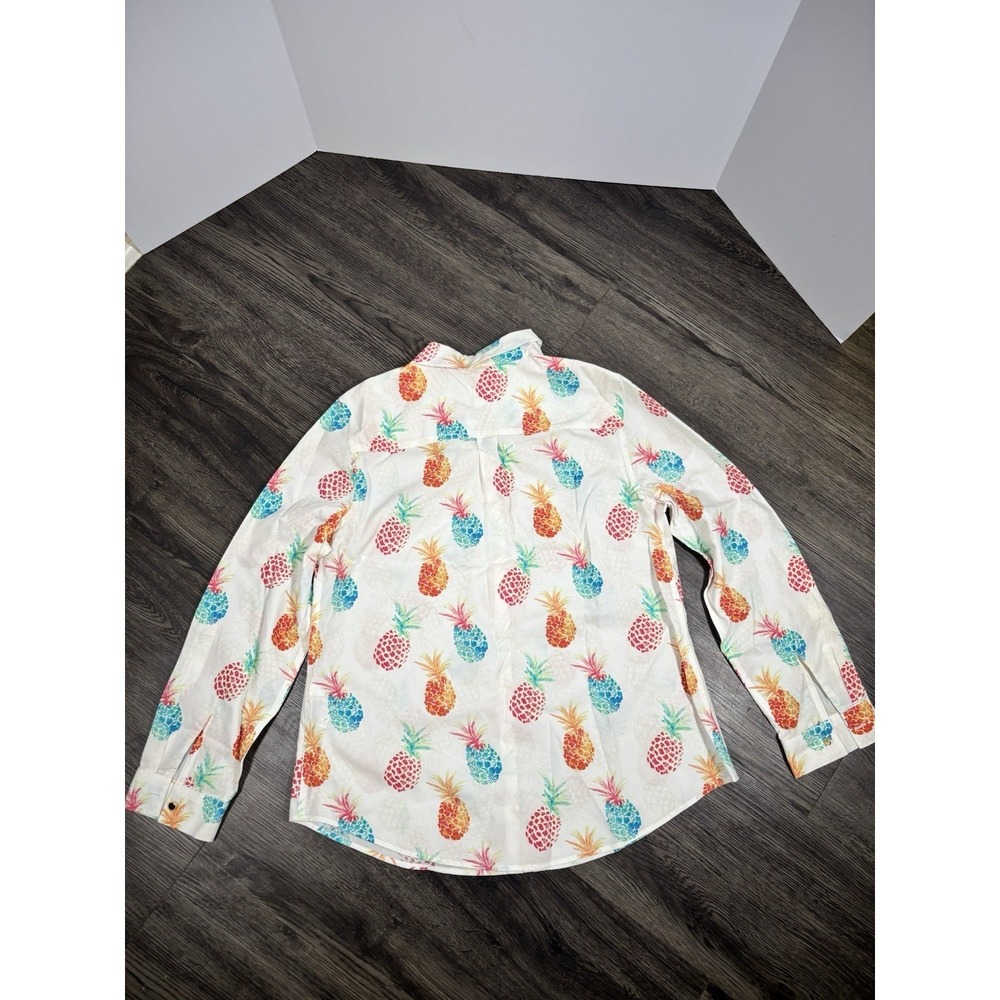 Chico's No-Iron Shirt Womens Size 1/M/8 Pineapple Print Button Down Long Sleeve